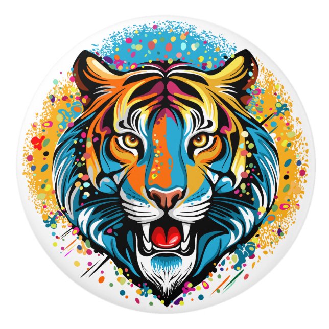 Bouton De Porte En Céramique Tête de tigre couleurs arc-en-ciel peinture taches (Devant)