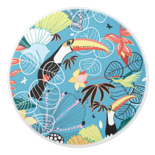 Bouton De Porte En Céramique Texture tropicale avec des toucans et des colibris