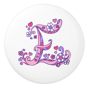 Bouton De Porte En Céramique Tirage lettre E monogramme coeurs fleurs rose viol
