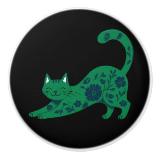 Bouton De Porte En Céramique Tirette en céramique chat floral vert