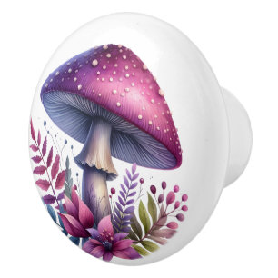 Bouton De Porte En Céramique Toadstool Giant Violet Avec Fleurs