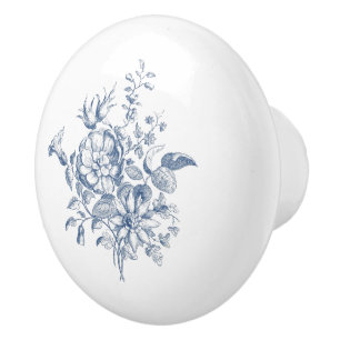 Bouton De Porte En Céramique Toile Florale Bleu Bouquet Vintage Mobilier Classi