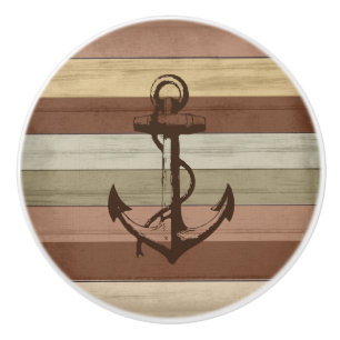 Bouton De Porte En Céramique Tonalité Terre Bois coloré Bandes et Ancres nautiq