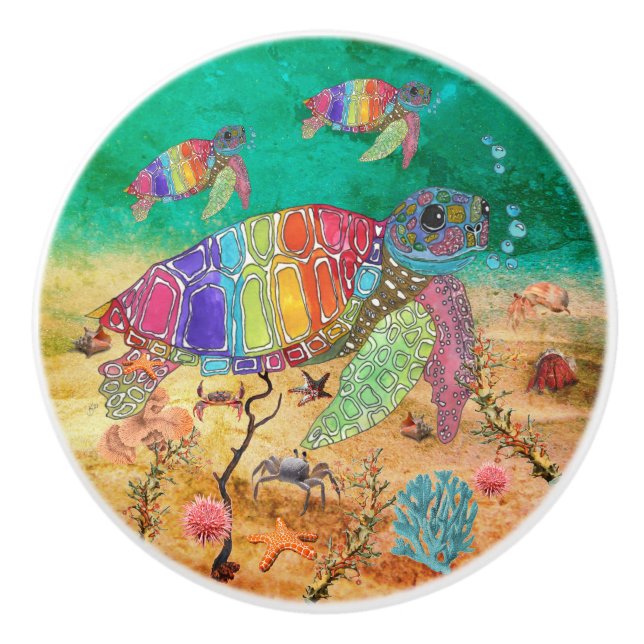 Bouton De Porte En Céramique Tortue de mer mignonne et colorée (Devant)