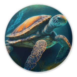 Bouton De Porte En Céramique Tortue de mer nageant dans l'océan
