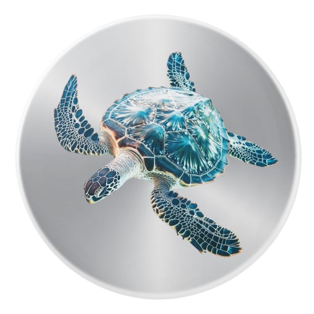 Bouton De Porte En Céramique Tortue de mer Turquoise | Côtier (Devant)