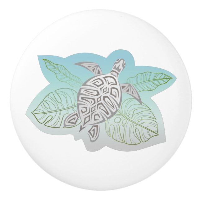 Bouton De Porte En Céramique Tortue grise Feuilles tropicaux (Devant)