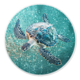 Bouton De Porte En Céramique Tortue marine turquoise scintillante | Côtière