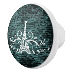 Bouton De Porte En Céramique Tour Eiffel turquoise Grunge en céramique