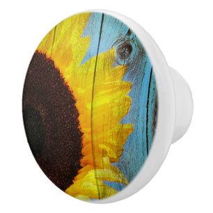 Bouton De Porte En Céramique Tournesol rustique Bois Turquoise