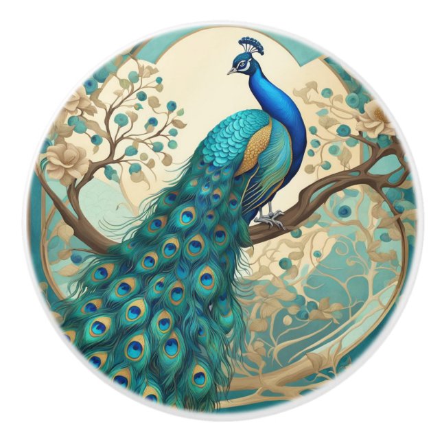 Bouton De Porte En Céramique Tourquoise Peacock Bird Art Nouveau Art Déco (Devant)