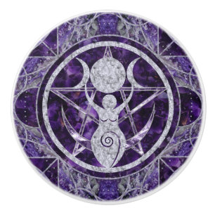 Bouton De Porte En Céramique Triple Moon - Déesse - Améthyste et Argent