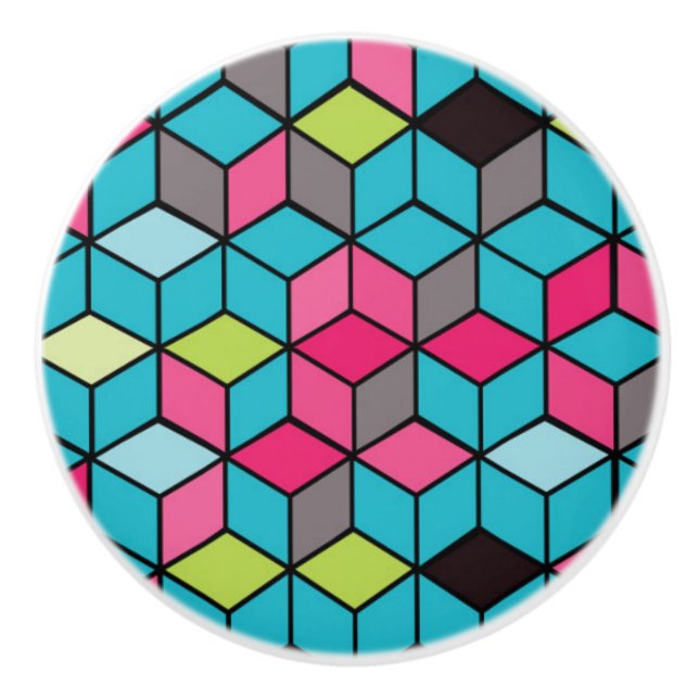 Bouton De Porte En Céramique Turquoise et motif rose de cube (Devant)
