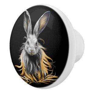Bouton De Porte En Céramique Un lapin gris génial en feu