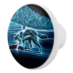 Bouton De Porte En Céramique Un Loup Sur Neige