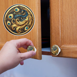 Bouton De Porte En Céramique Un paon dans un cadre