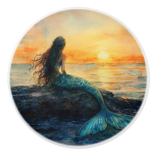 Bouton De Porte En Céramique Une sirène regarde l'art du lever du soleil