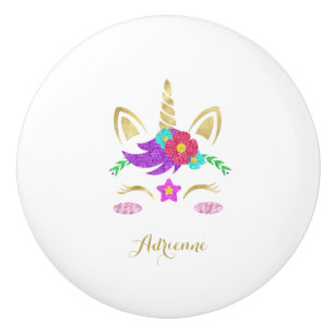 Bouton De Porte En Céramique Unicorne dorée colorée Nom personnalisé Blanc