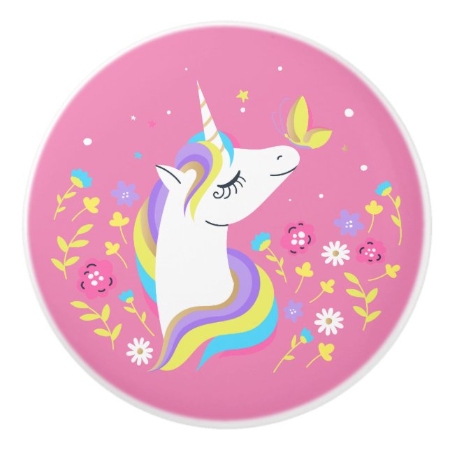 Bouton De Porte En Céramique Unicorne rose magique (Devant)