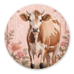 Bouton De Porte En Céramique Vache adorable de Jersey Fleur rose