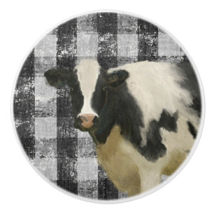 Bouton De Porte En Céramique Vache d'élevage rustique noir et blanc En vichy v