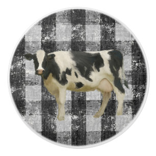 Bouton De Porte En Céramique Vache d'élevage rustique noir et blanc En vichy vé