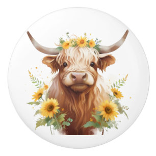 Bouton De Porte En Céramique Vache Highland avec Couronne de fleurs de tourneso