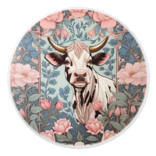 Bouton De Porte En Céramique Vache mignonne avec fond floral rose