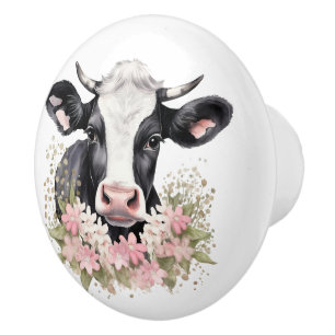 Bouton De Porte En Céramique Vache noire et blanche en fleurs