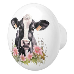 Bouton De Porte En Céramique Vache noire et blanche en fleurs