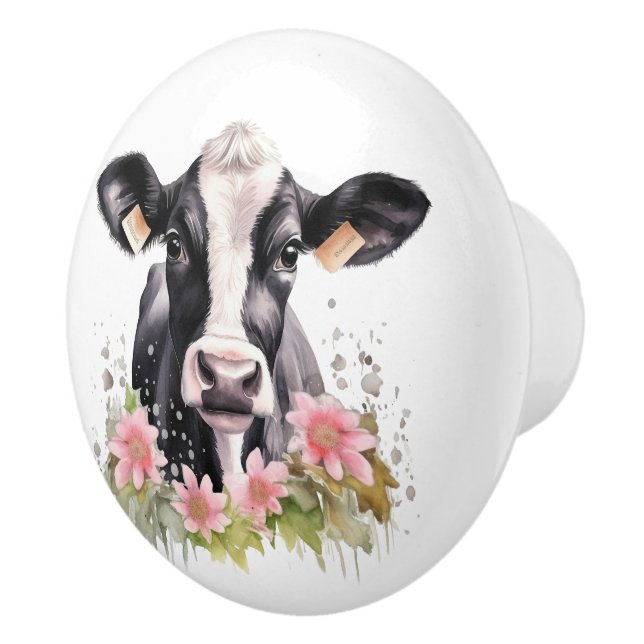 Bouton De Porte En Céramique Vache noire et blanche en fleurs (Droite)