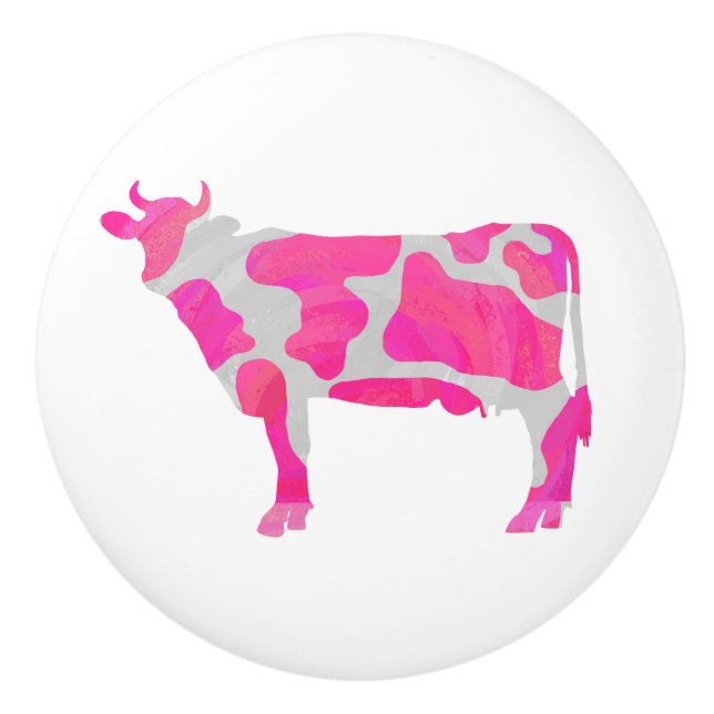 Bouton De Porte En Céramique Vache rose et blanc Silhouette (Devant)