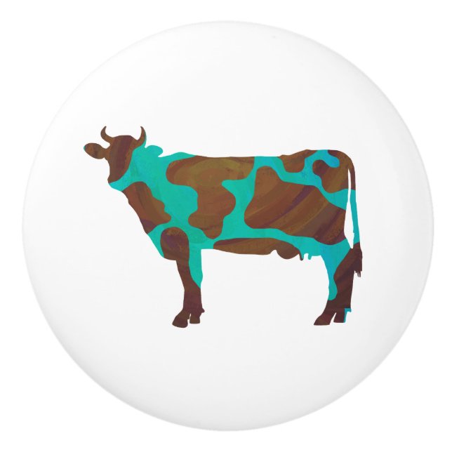 Bouton De Porte En Céramique Vache Silhouette Brown et Turquoise (Devant)