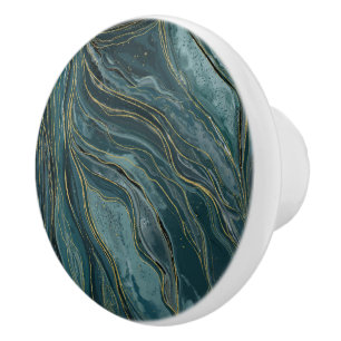 Bouton De Porte En Céramique Vagues aquarelles abstraites bleu sarcelle or