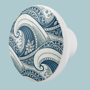 Bouton De Porte En Céramique Vagues de plage polynésiennes et fleurs motif ethn