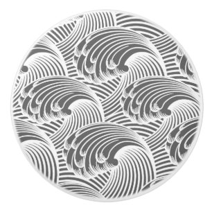 Bouton De Porte En Céramique Vagues japonaises, gris vintage/gris et blanc