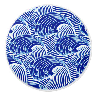 Bouton De Porte En Céramique Vagues japonaises vintages, bleu de cobalt et