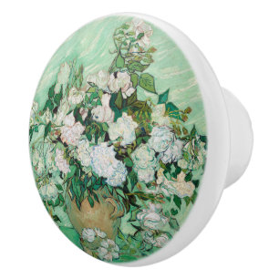 Bouton De Porte En Céramique Van Gogh Vase avec roses roses Vintages