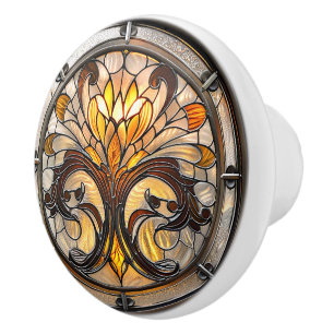 Bouton De Porte En Céramique Verre verni orange Blanc Brown Art Déco