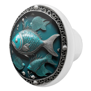 Bouton De Porte En Céramique Vert-de-gris & Argent Art Métal Zodiaque Poissons
