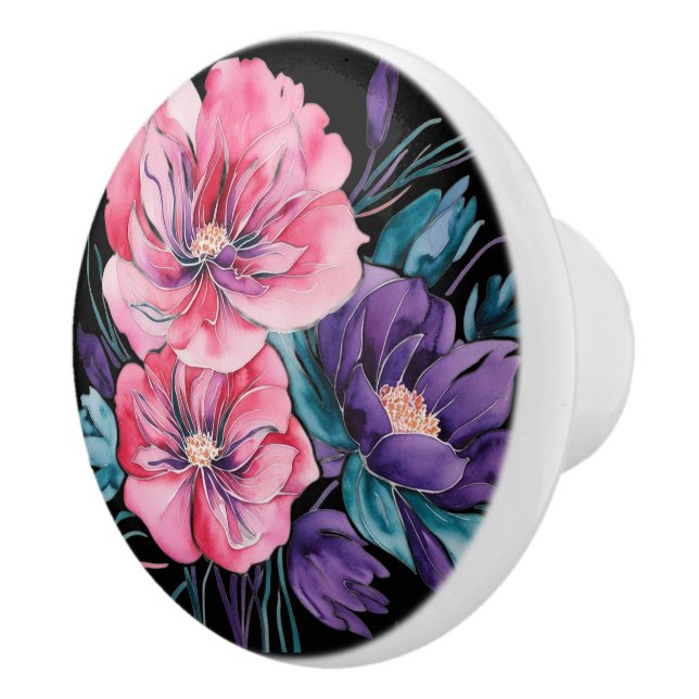 Bouton De Porte En Céramique Vert-de-gris et florales roses avec or métallisé (Droite)