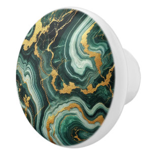 Bouton De Porte En Céramique Vert émeraude et or aspect marbre Glam
