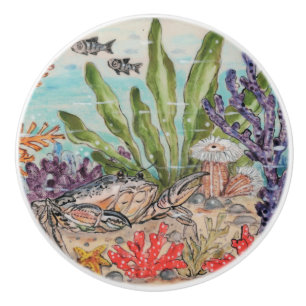 Bouton De Porte En Céramique Vie de mer côtière Crabe Corail Poisson sous-marin