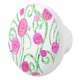 Bouton De Porte En Céramique Vignes à fleurs roses et vertes