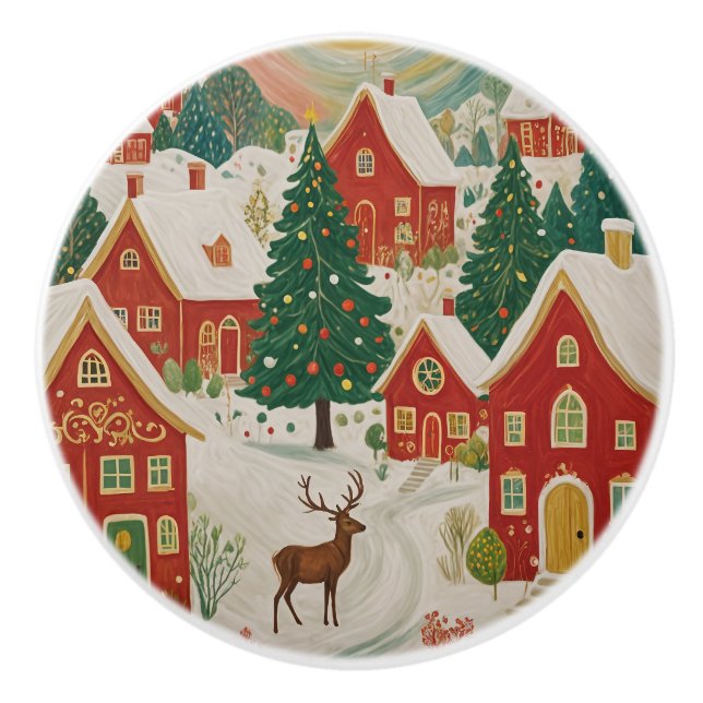 Bouton De Porte En Céramique Village de Noël (Devant)