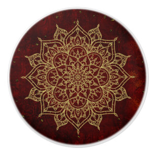 Bouton De Porte En Céramique Vin profond Rouge Mandala & Gold Glam Moderne Chic