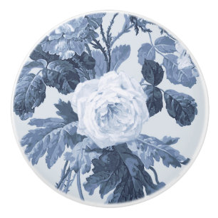 Bouton De Porte En Céramique Vintage Anglais Cottage Floral Dusty Bleu Blanc 1