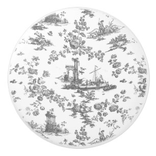 Bouton De Porte En Céramique Vintage Anglais Floral Toile de Jouy-Grey