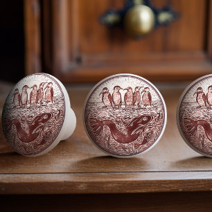 Bouton De Porte En Céramique Vintage Burnt Sienna Oiseaux et poissons De Morgan