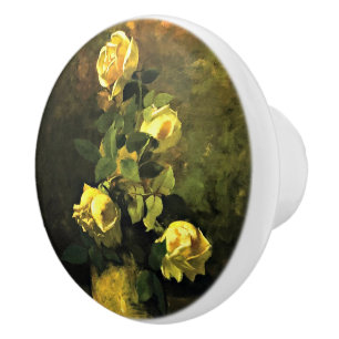 Bouton De Porte En Céramique Vintage Charles Ethan Porter Roses jaunes dans un 